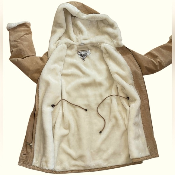 J. Percy for Marvin Richards Tan Leather Fur Lined Drawstring Hooded Coat - Picture 1 of 13